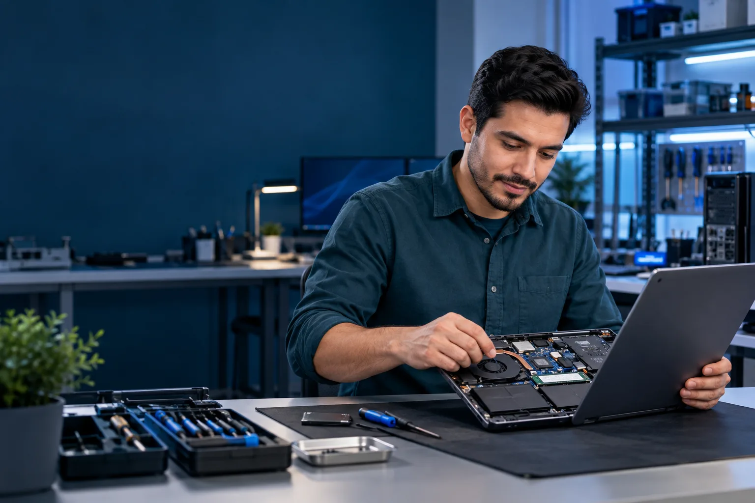 Ingeniero informático revisando un notebook